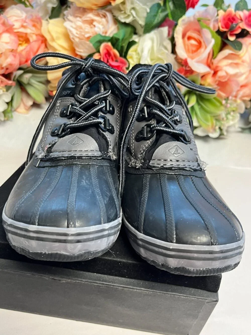 Sperry Bowline Storm Duck Boots Black Charcoal Kids Size 2 STK265260